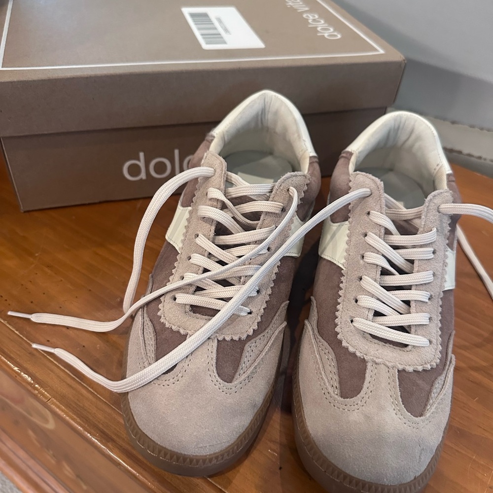 Dolce Vita Taupe & Cream Suede Retro Sneakers